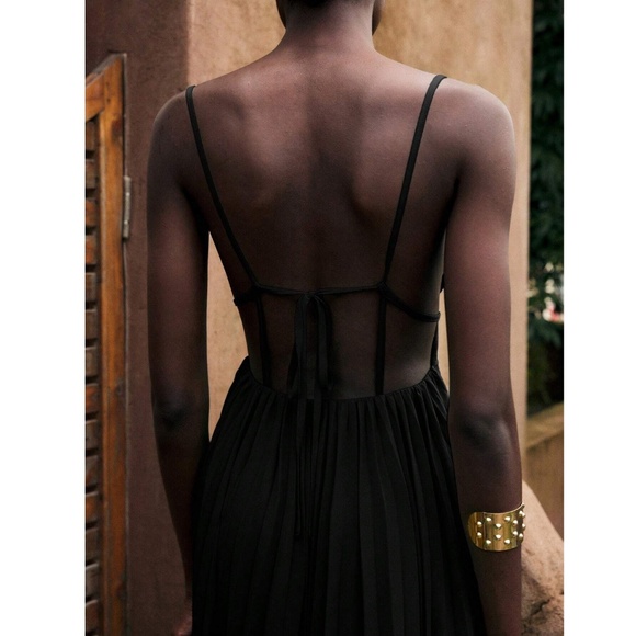 Black Pleated Maxi Babydoll Dress Open Back Flowy Skirt Tie Straps - Picture 7 of 10